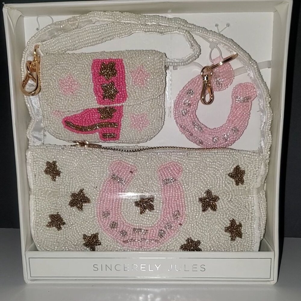 Sincerely Jules Beaded Bag Set Pink  Horseshoe